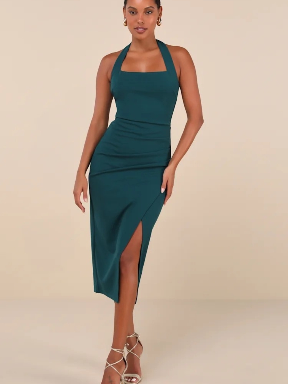 Lulu's Teal Halter Midi Dress with Side Slit